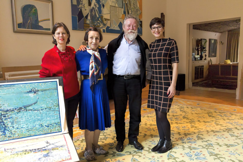 Aurelia Engel, Gilot fiatalabb lánya, Françoise Gilot, Szalóky Károly és Kovács Krisztina Gilot New York-i műtermében (2017)  Fotó: a Várfok Galéria jóvoltából