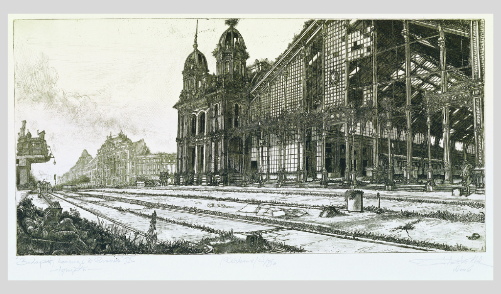 Takáts Márton: Budapest, Hommage á Piranesi, Nyugati Pályaudvar rézkarc (24,5 × 49,5 cm, 2006)