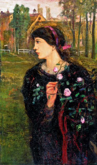 Gulácsy Lajos: „Dal a rózsatőről”, 1904, olaj, vászon, 84 × 40,5 cm, magántulajdon – Ernst Galéria  Kép forrása: MNG