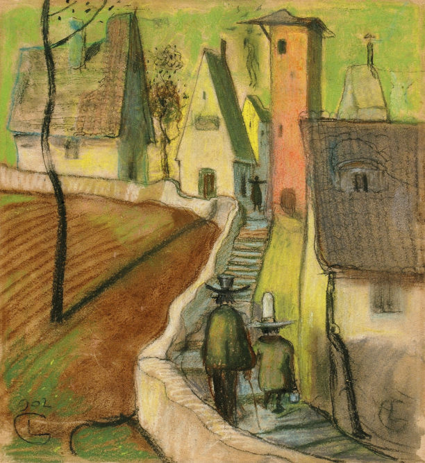 Gulácsy Lajos: „Na’Conxypan város a Marsban” („Na’Conxypan”; „Utca Na’Conxypanban”), 1902, pasztell, karton, 368 × 334 mm, Szépművészeti Múzeum – Magyar Nemzeti Galéria, Budapest, ltsz. FK.5.233  Kép forrása: MNG