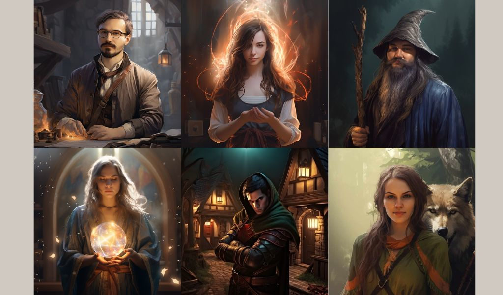 Az Asztaliszerepjáték-Kutatócsoport tagjainak mesterséges intelligenciával generált karakterképei (Mészáros Péter, Tisza Eleonóra, Krek Norbert, Nagy Orsolya, Hlavacska András, Molnár Kincső-Bernadett)  Kép forrása: Krek Norbert