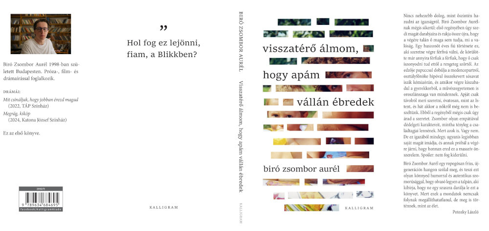 Biró Zsombor Aurél „Visszatérő álmom, hogy apám vállán ébredek” című regényének borítója, tervezte Hrapka Tibor  Kép forrása