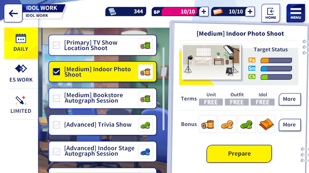 A Work részleg választófelülete  Kép forrása: a szerző sajátja