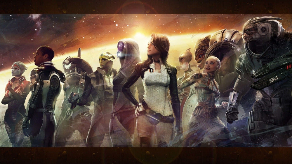 Társak a „Mass Effect 2”-ben, balról jobbra haladva: Samara, Jacob, Legion, Thane, Tali, Miranda, Mordin, Jack, Grunt és Garrus.  Kép forrása: gamesradar.com