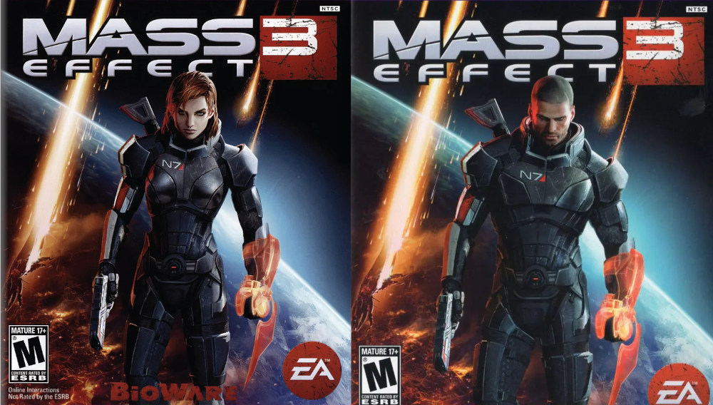 „Mass Effect 3” borítóváltozatok, rajta a kanonikus férfi és női Shepard, szimbolizálva ezzel a játék fókuszát Shepard történetének lezárásán  Kép forrása: a szerző sajátja
